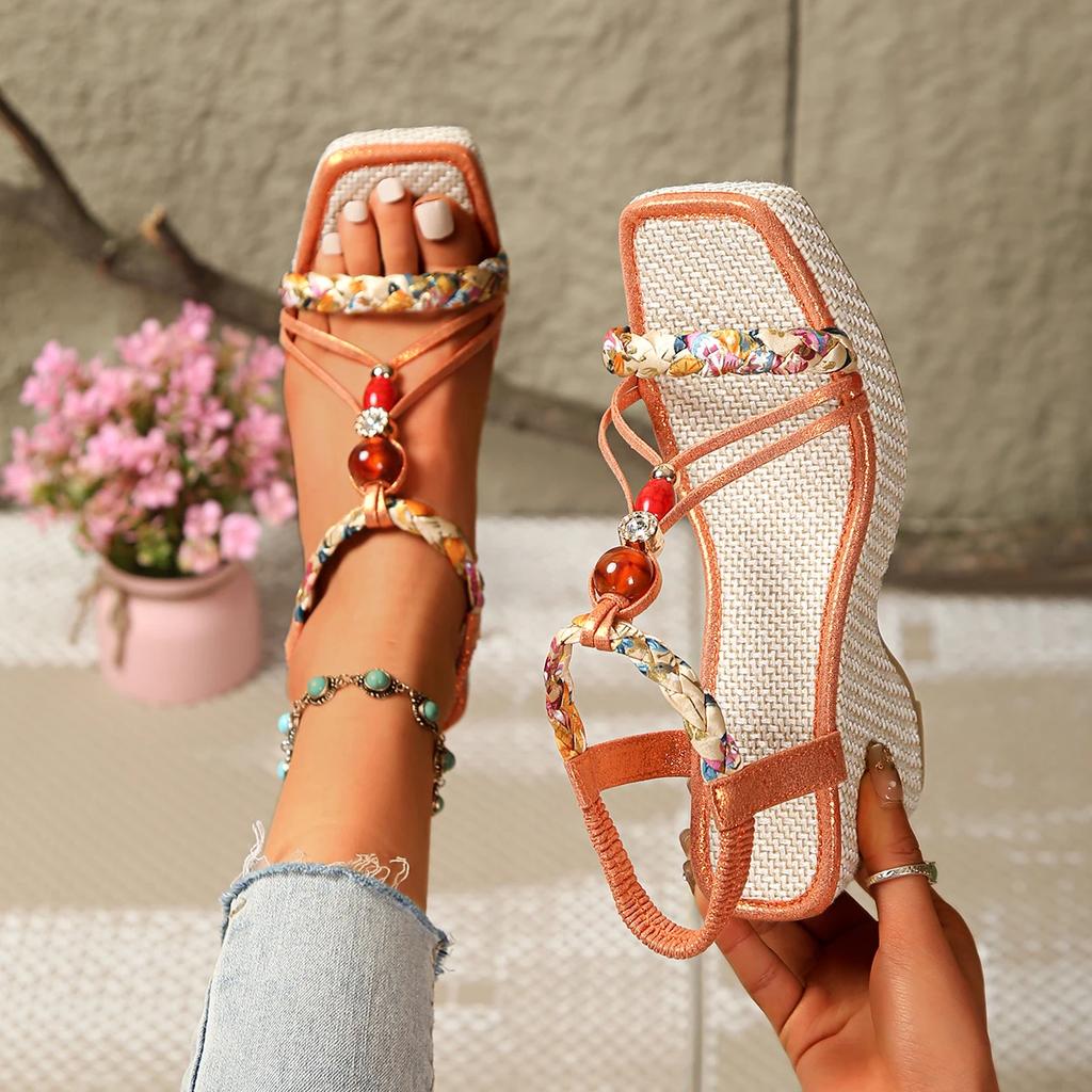 Moda 2025 Lato Nowe Damskie Sandały na Koturnie Gorąca Platforma Odkryty Palec Elastyczny Pasek Pasek na Pięcie Slingback Buty Boho Sandalias Rozmiar 36-43