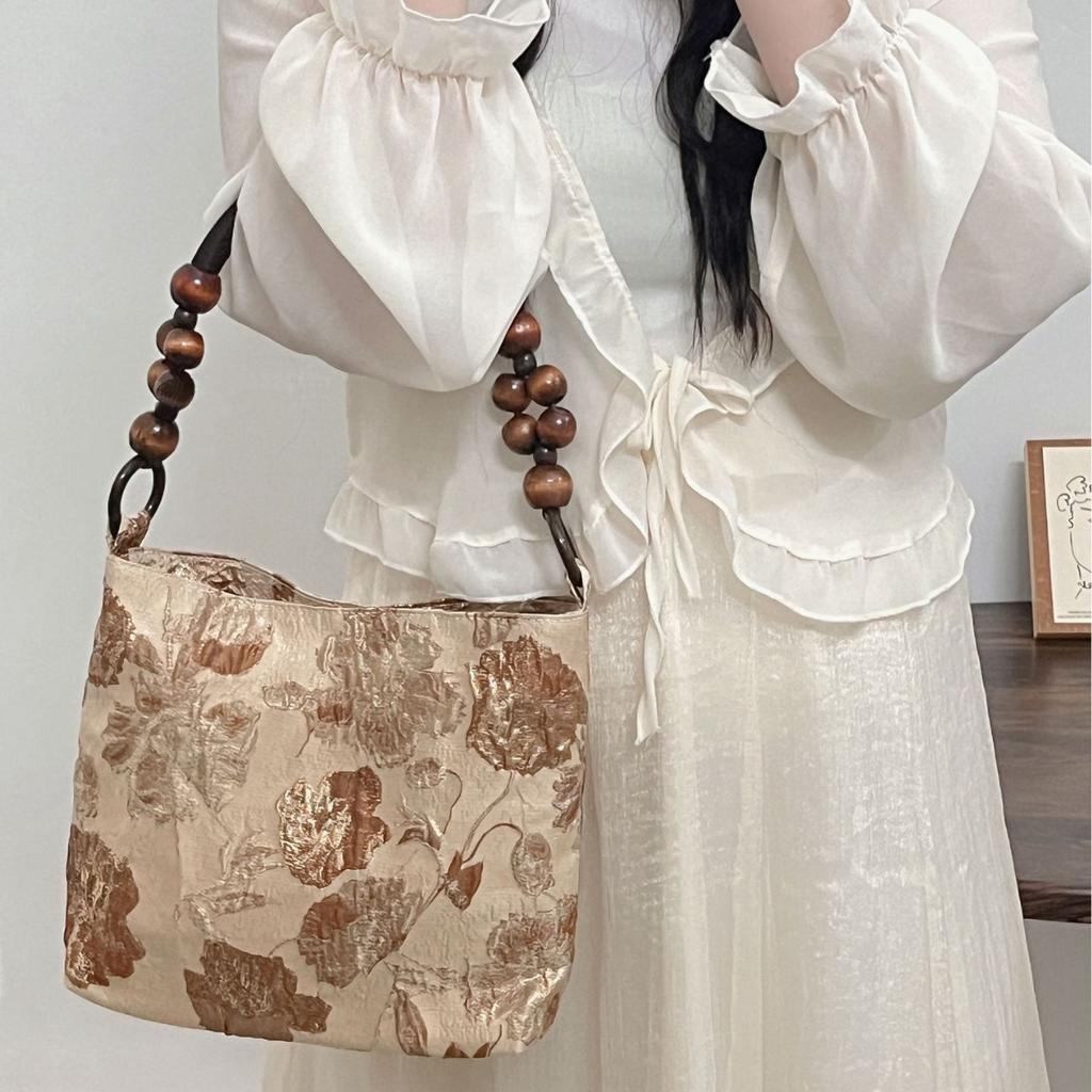 Summer Brown Retro Jacquard Underarm Bag Ins New Chinese Style Wood Bead Woven Chain One-shoulder Bucket Bag for Women