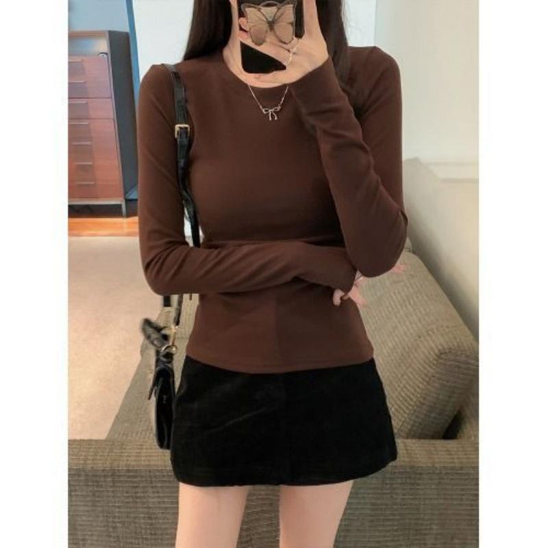 Women's Slim Fit Coffee Long Sleeve Round Neck Shirt - Tight Base Layer, Solid Color, Perfect for Spring & Autumn