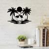 11.81 inch Flamingo Palm Tree Sunset Wall Sign, Iron Art Hanging Hook Metal Decorative Panel for Bathroom Dining Room, Simple Style Sculpture
