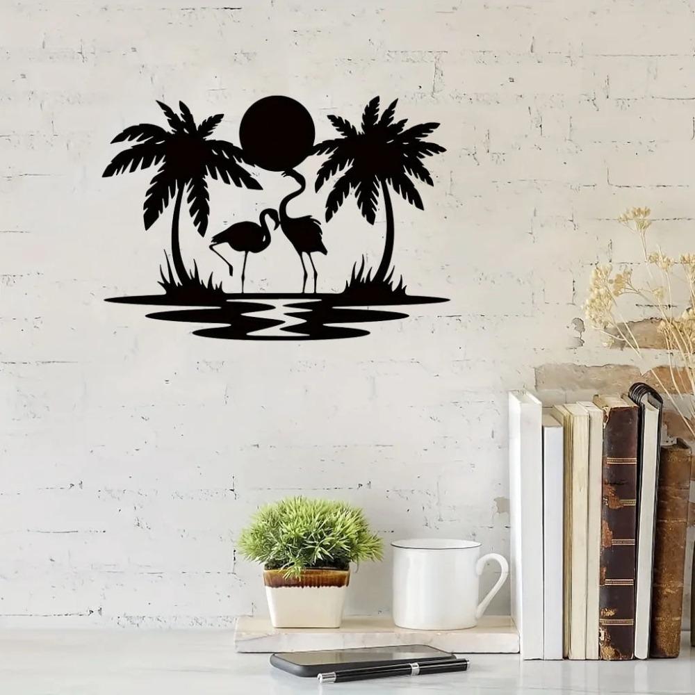 

11.81 inch Flamingo Palm Tree Sunset Wall Sign, Iron Art Hanging Hook Metal Decorative Panel for Bathroom Dining Room, Simple Style Sculpture