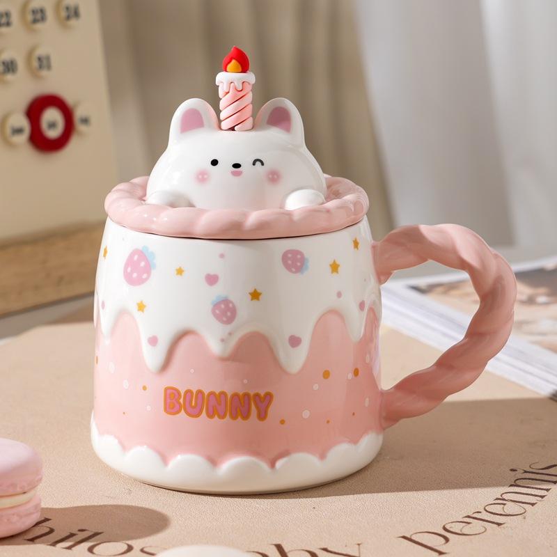 Roztomilý hrnek na narozeninový dort s víčkem a lžičkou, kreslený zvířátkový keramický hrnek na kávu, vysoce vypadající kancelářský hrnek na vodu