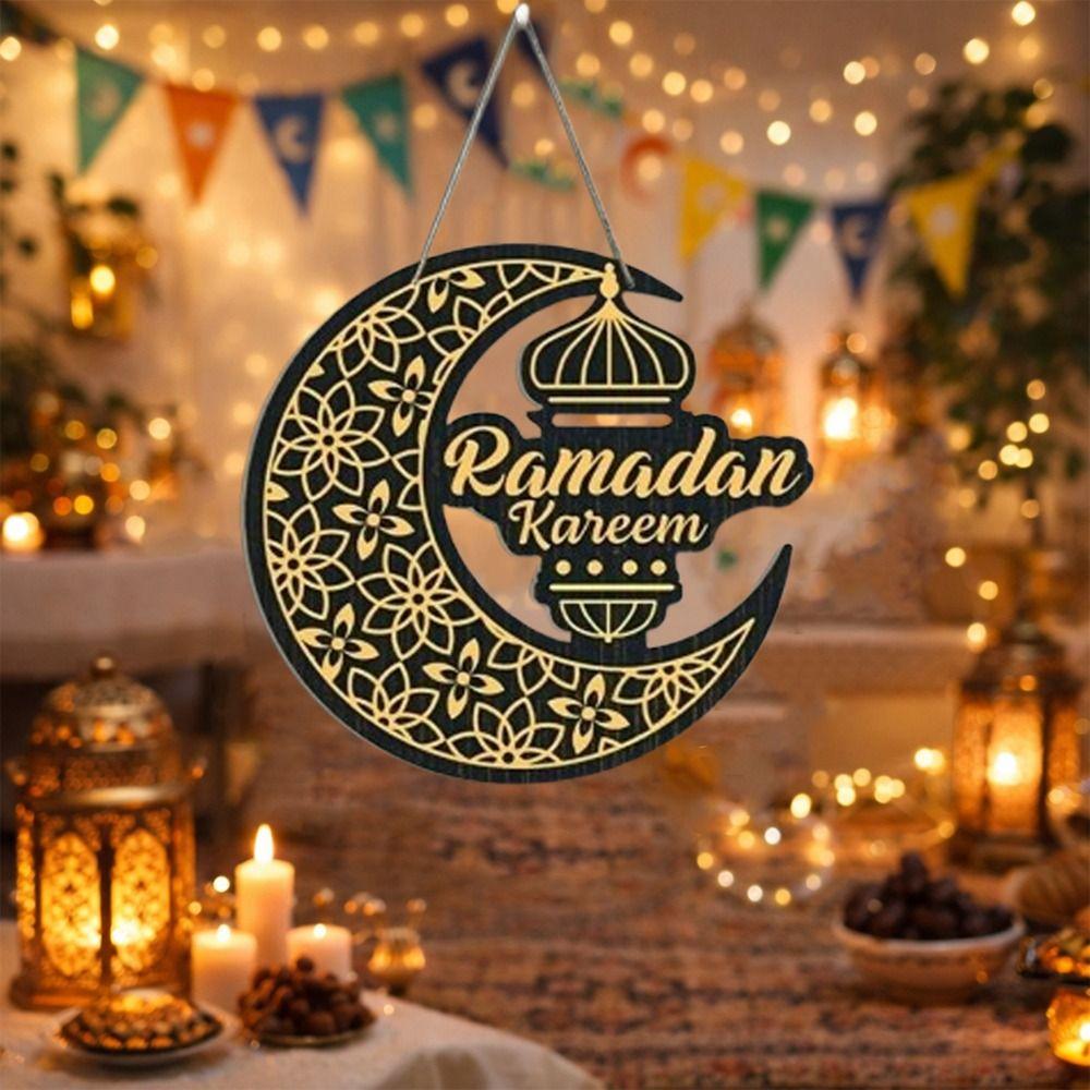 Geschnitzte Ramadan-Hängeornamente Schwarz Gold Holz Mond Stern Anhänger Ramadan Geschenk Wohnzimmer