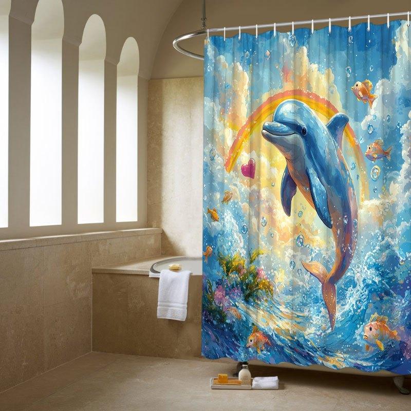 Dunika Chen Dolphin Ocean Scene Shower Curtain - Leaping Dolphin With Rainbow, Waves & Sunset, Polyester, 70.8X70.8 12 Hooks, Washable