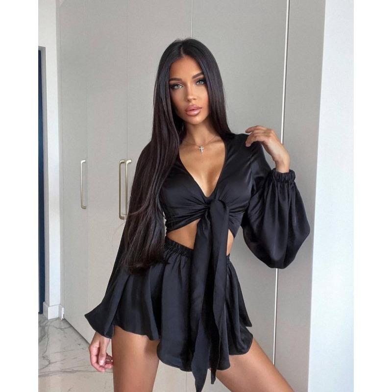 Novo conjunto feminino de blusa e shorts de manga comprida francesa com cadarço para mulheres