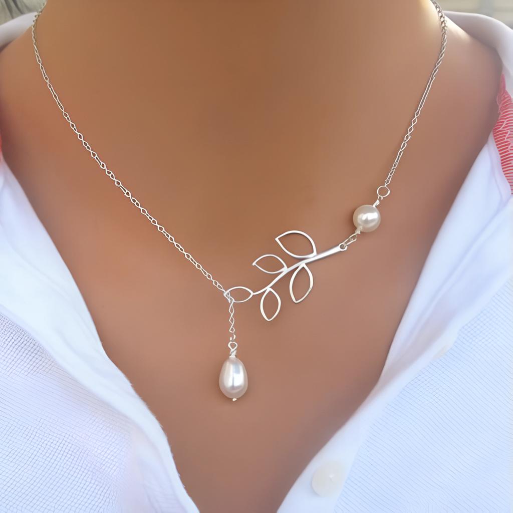 Women's Fashion Faux Pearl Hollow Leaves Branch Choker Short Bib Collar Necklace KTJ