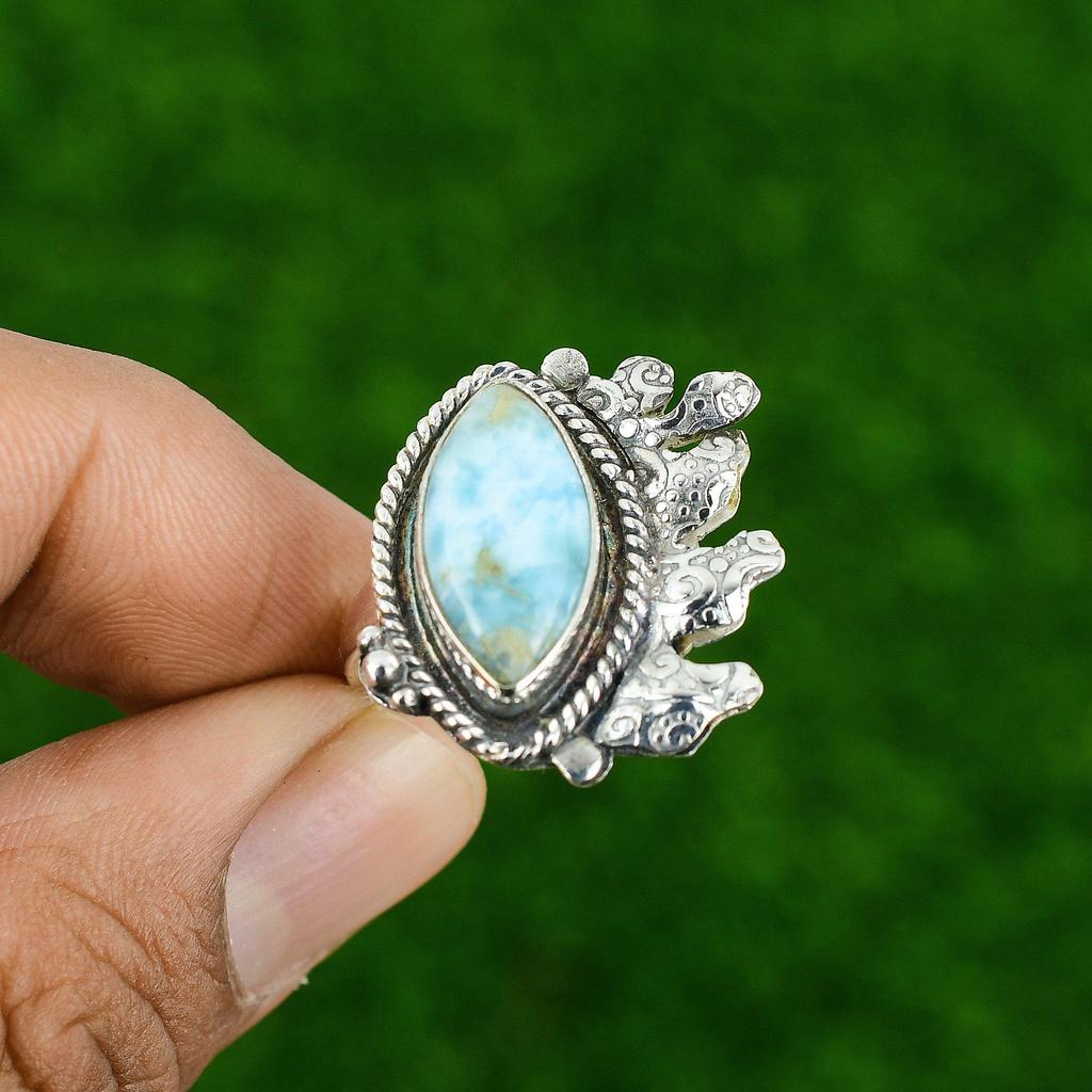 Natural Larimar Gemstone Statement Adjustable Ring 925 Sterling Silver For Girls