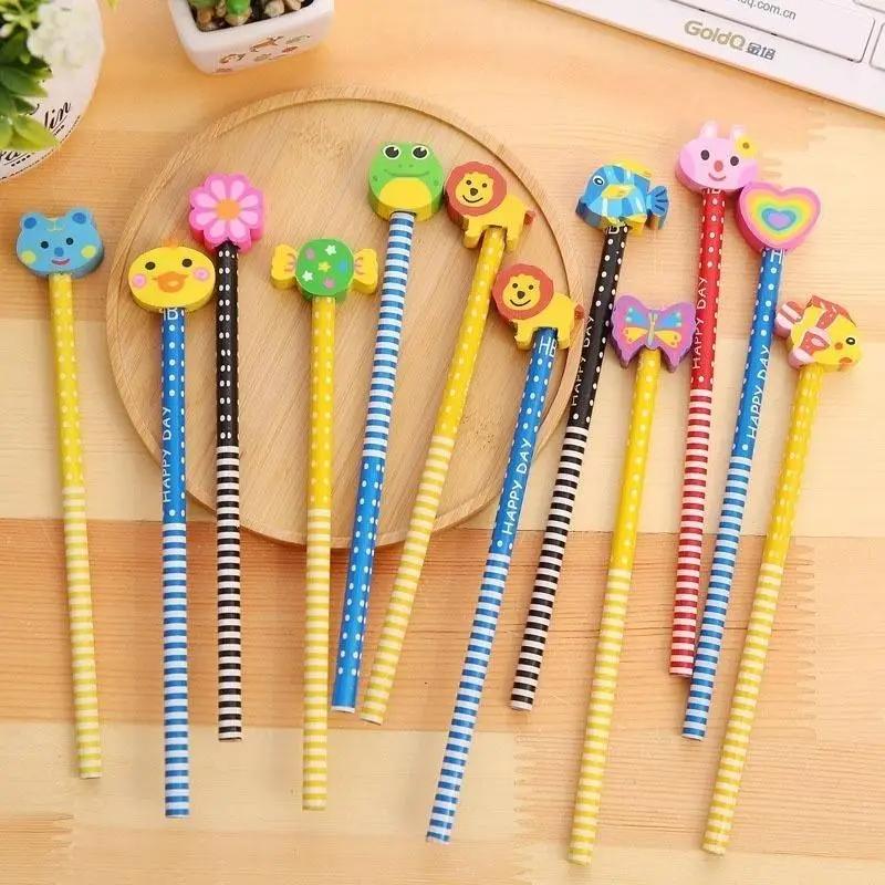 2 Pcs/Set Wooden  Animals  Students Pencil With Eraser Drawing Tools Cartoon