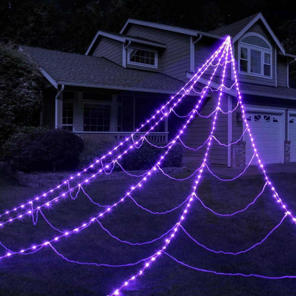8 Modes Halloween Spider Web Lights Waterproof LED Spider Net Scary Giant Spider  Haunted House