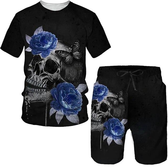 Summer 2 Piece Outfits Sets Tshirt and Shorts Tracksuit Men's Oversized Cloth Streetswear Vintage Skull Gothic 3D Print Men Sets