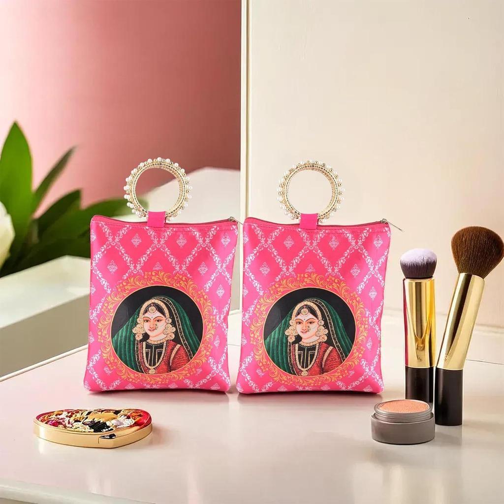 2 Pcs Silk Small Hand Bags for Women Stylish with Zip & Handle | Traditional Handheld Bags for Women | Ethnic Ladies Purse Handbag for Return Gifts