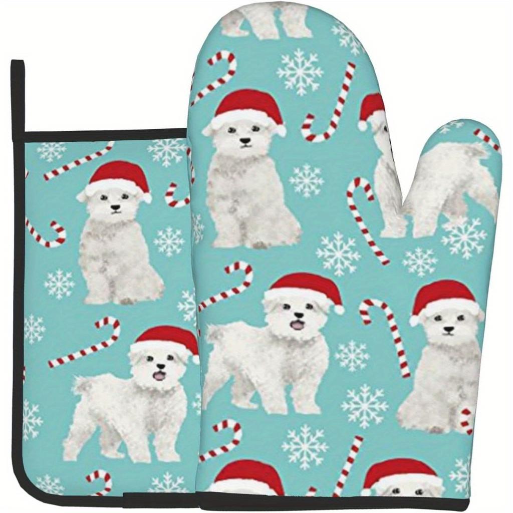 Cute Dog Christmas Fabric Oven Gloves and Pot Holders, Heat Resistant, Microwave Gloves for Baking, Cooking, Grilling, Barbecue