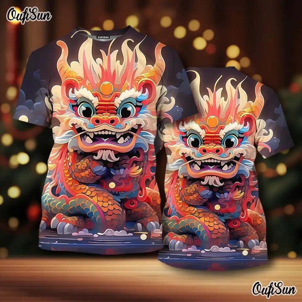 2024 Neujahr Herren T-Shirt Drache 3D-Druck Tiermuster Herren T-Shirt Chinesisches Jahr des Drachen Kurzarm rote Tops