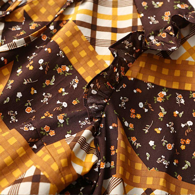 Foreign Trade Export Retro Art Graceful Age-Reducing Floral Plaid Patchwork Lace-up Frill Pure Cotton Shirts Women