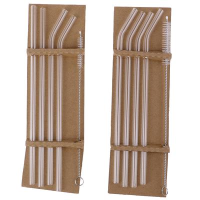 5Pcs Transparent Glass Straight Bend Straws Cleaning Brush Beverage Drinks Bar