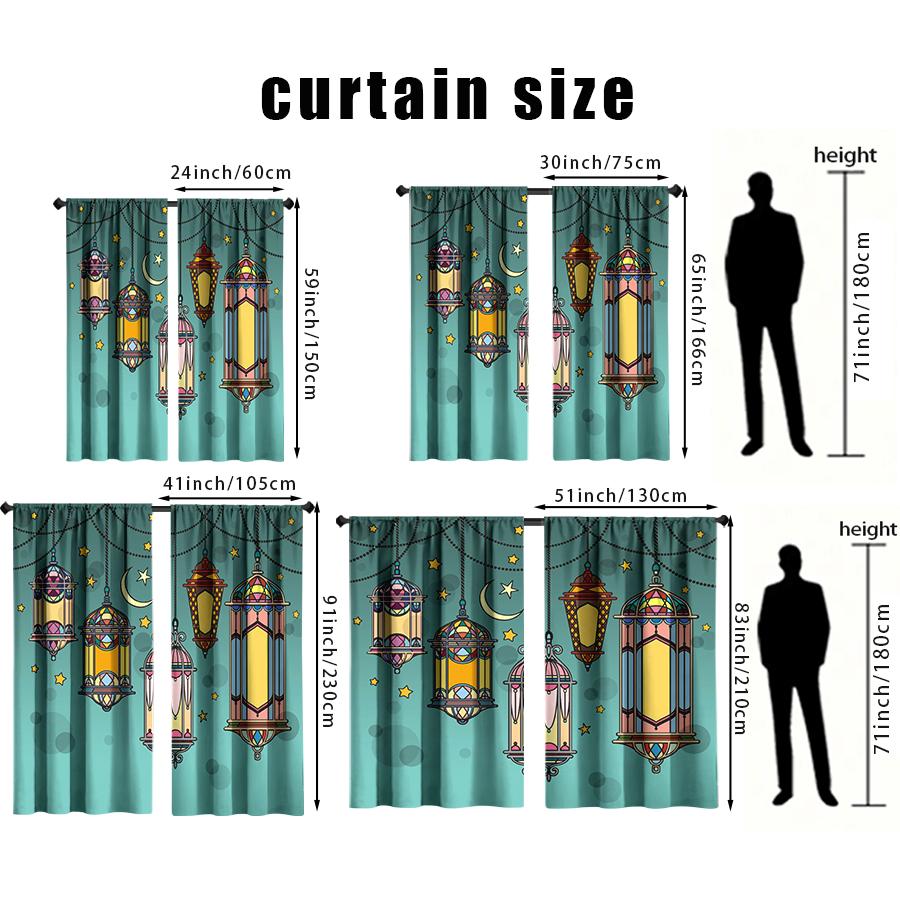 2 ks Tyrkysové vitrážové lucerny a závěsy s potiskem půlměsíce a hvězdy, Ideální pro výzdobu oken na Ramadan/Eid, Závěsy s kapsou na tyč