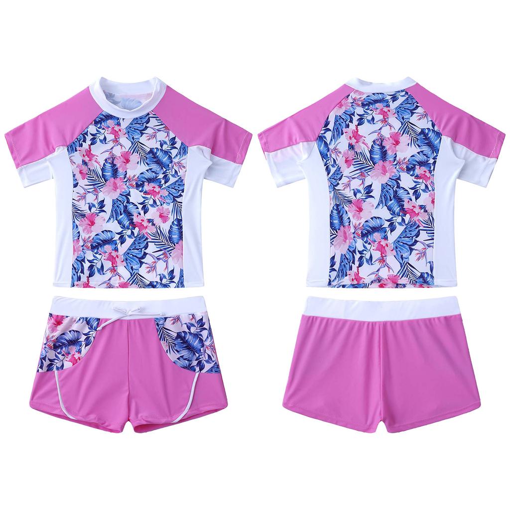 Dětské Dívčí Tričko Tankini Set s květinovým potiskem Rash Guard s plavkami Krátké kalhoty Plavky Plavky