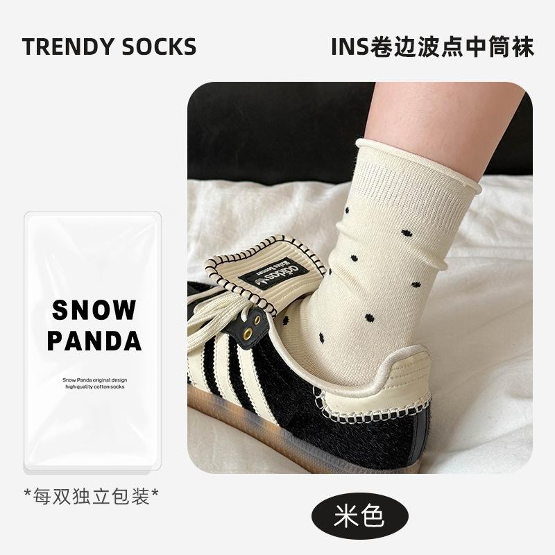 Socks Autumn Sweat-Absorbing And Odor-Proof Cotton Socks Polka Dot Rolled Hem Stacked Socks Mid-Leg Socks Versatile Casual Socks