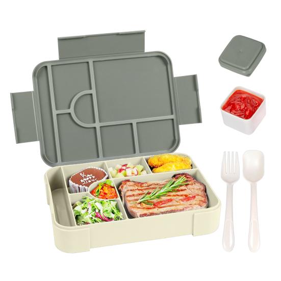Ланч-бокс Bento, герметичный, с 6 отделениями, ложкой, вилкой, соусницей, контейнером для еды без бисфенола А для школьных закусок серый