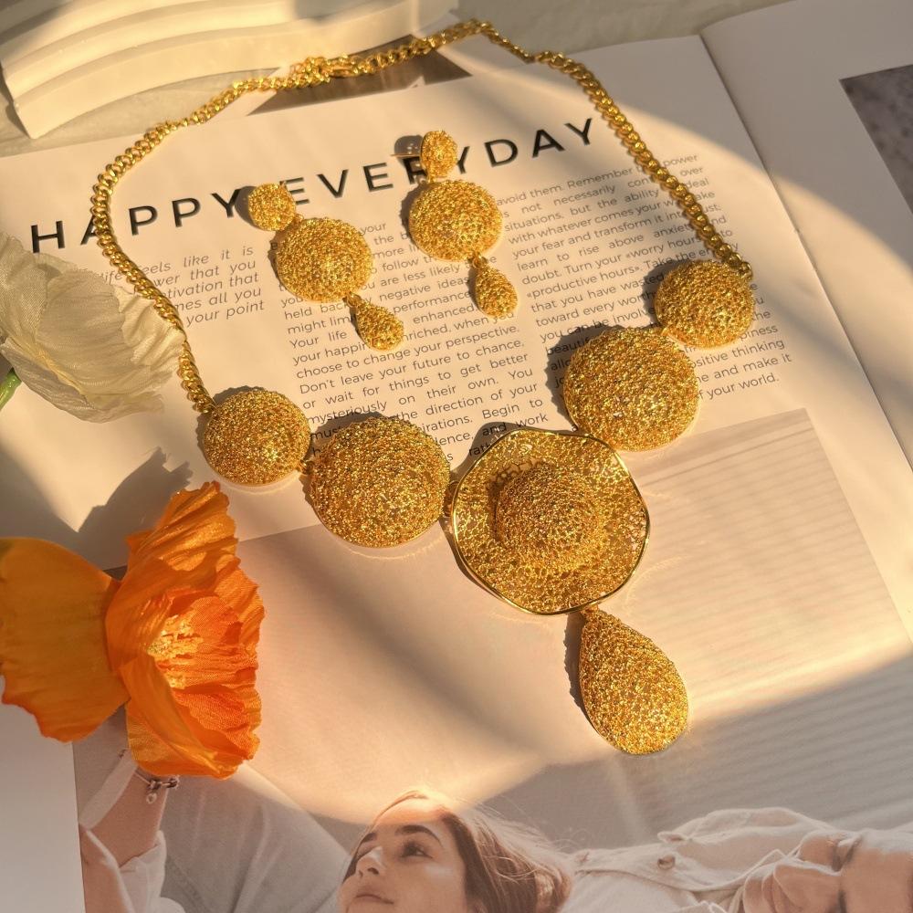 4k Gold Plated Round Necklace Earrings Jewelry Set