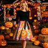 Womens Halloween Dress Long Sleeve Round Neck Casual Dress with Printed Pumpkin and Ghost Pattern Vintage Style Midi Dress with Waist Tie