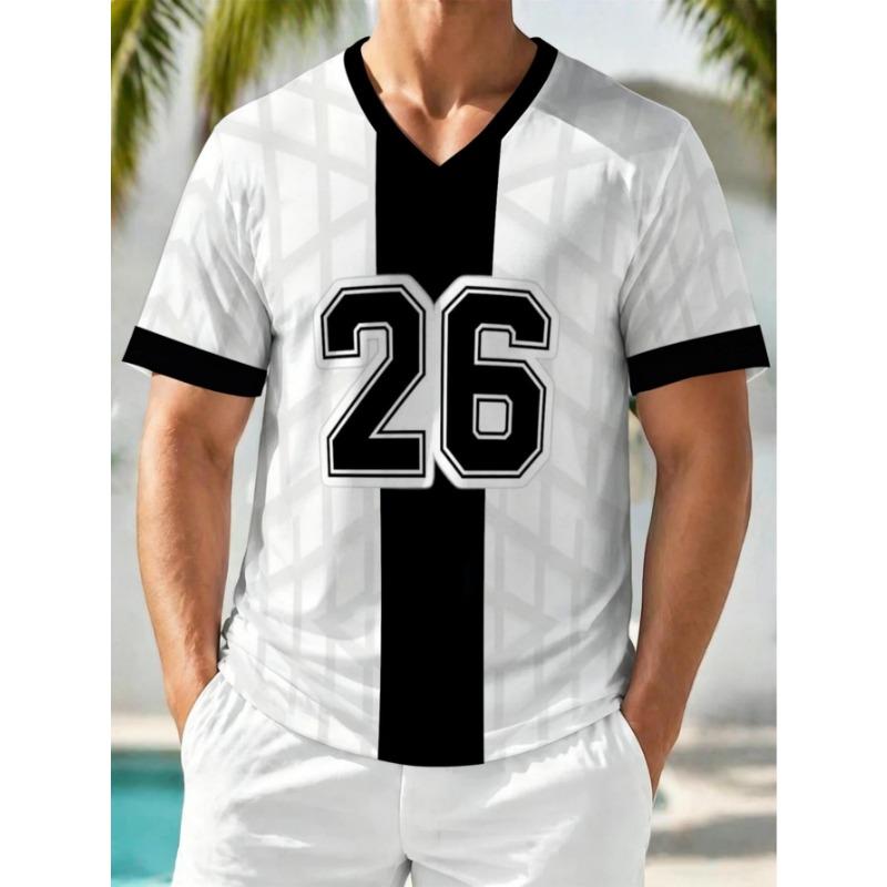 Men'S V-Neck Sports T-Shirt, Printed with #26 Pattern (No Texture), Black And White Striped Design, Lightweight And Durable Football Shirt