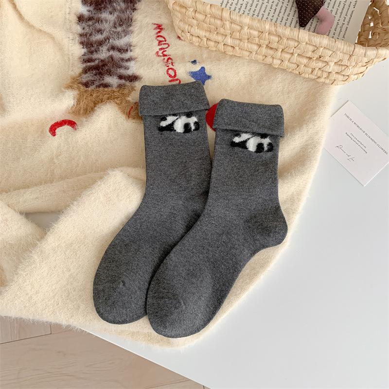 Autumn and Winter Fringed Women's Mid-calf Socks, Trendy and Cute Bear Head Embroidery, Pure Cotton Pile Socks, Boneless and Versatile Socks