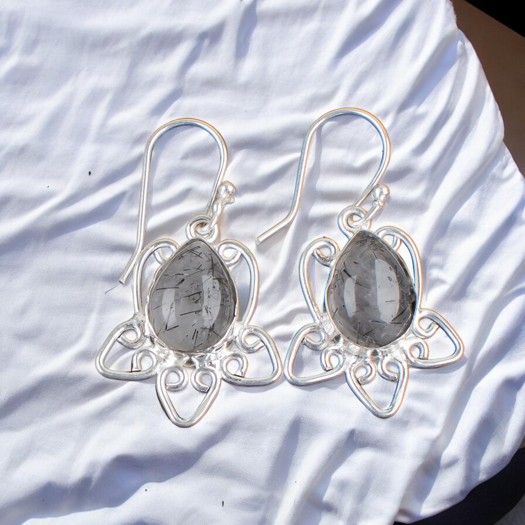 Black Rutile Gemstone 925 Sterling Silver Lovely Jewelry Earrings For Wedding EE-40-23