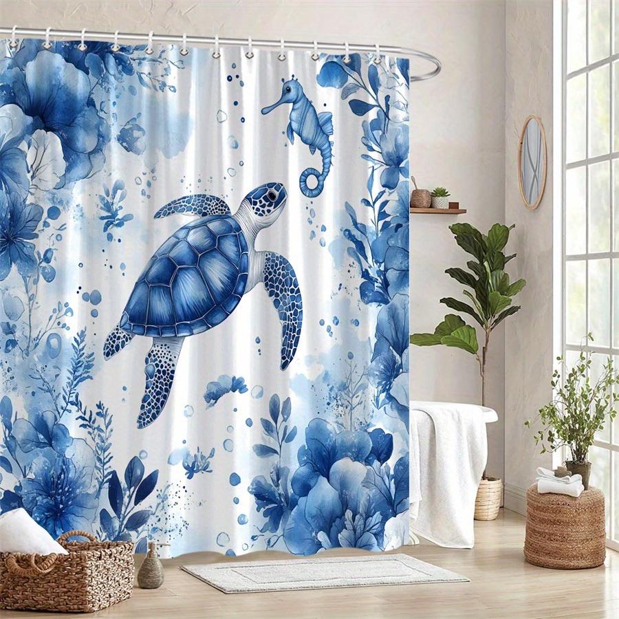 1Pc Turtle With Blue Floral Pattern Shower Curtain, Polyester Fabric, Machine Washable, Suitable For Bathroom Decoration
