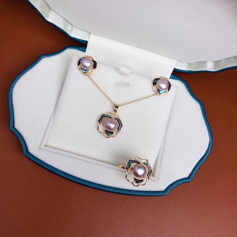 Exquisite Freshwater Pearl & Abalone Shell Jewelry Set: Earring, Ring, Pendant - Camellia Design