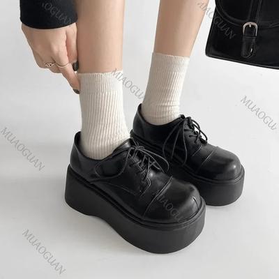 Chaussures rétro à lacets à semelles épaisses en cuir pour femmes Automne Nouveau style Style collège Escarpins à plateforme noirs JK Mocassins à semelles plates