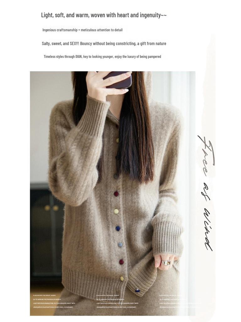 Damen Dicke Wolle Kapuzenstrickjacke - Herbst/Winter Locker gestrickter Pullovermantel