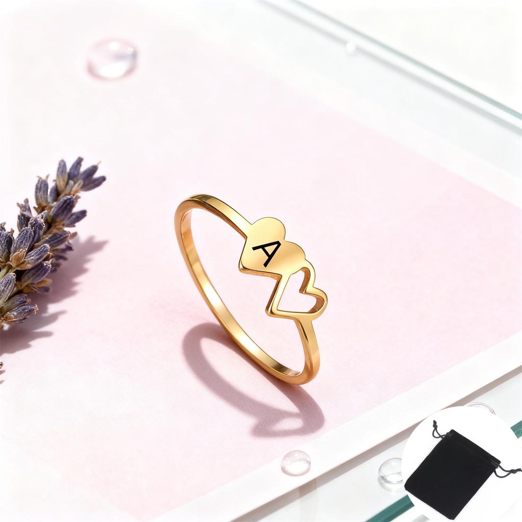 Customized Name Initial Double Heart Ring Stainless Steel A-Z Letter Couple Ring Simple Fashion Constellation Ring Couple Gift