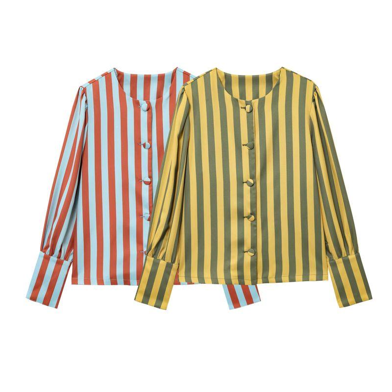 Za Autumn New Women's Clothing Zr European and American Style Foreign Trade Fashion Versatile Round Neck Long Sleeve Single-Breasted Striped Top