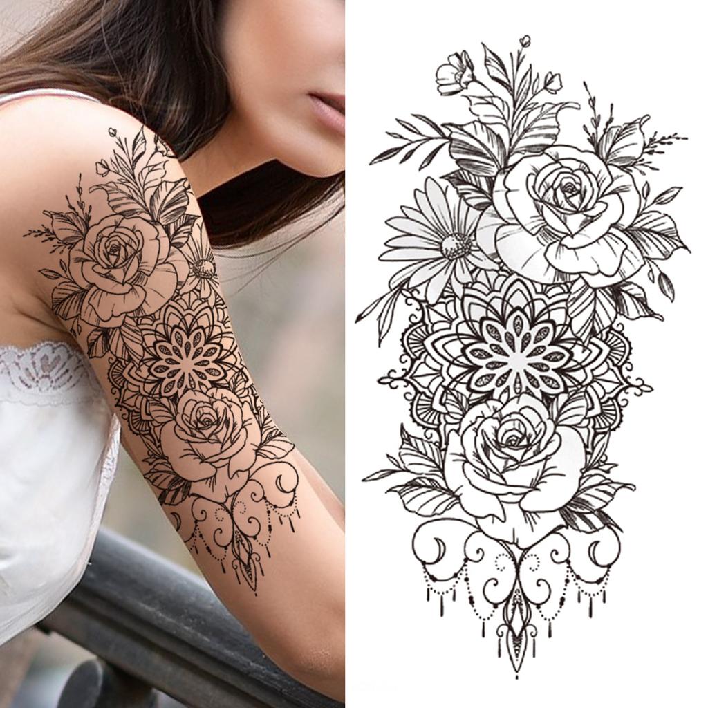 Death Skull Flower Temporary Tattoo For Women Girls Snake Bird Peony Tattoo Sticker Black Fake Blossom Sexy Tatoo Transfer Adult