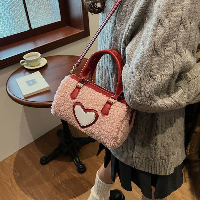 Winter Faux Lamb Wool Women's Top-handle Bags Fashi Ladies Shoulder Crossbody Bag Small Barrel-shaped Handbag Female Purse