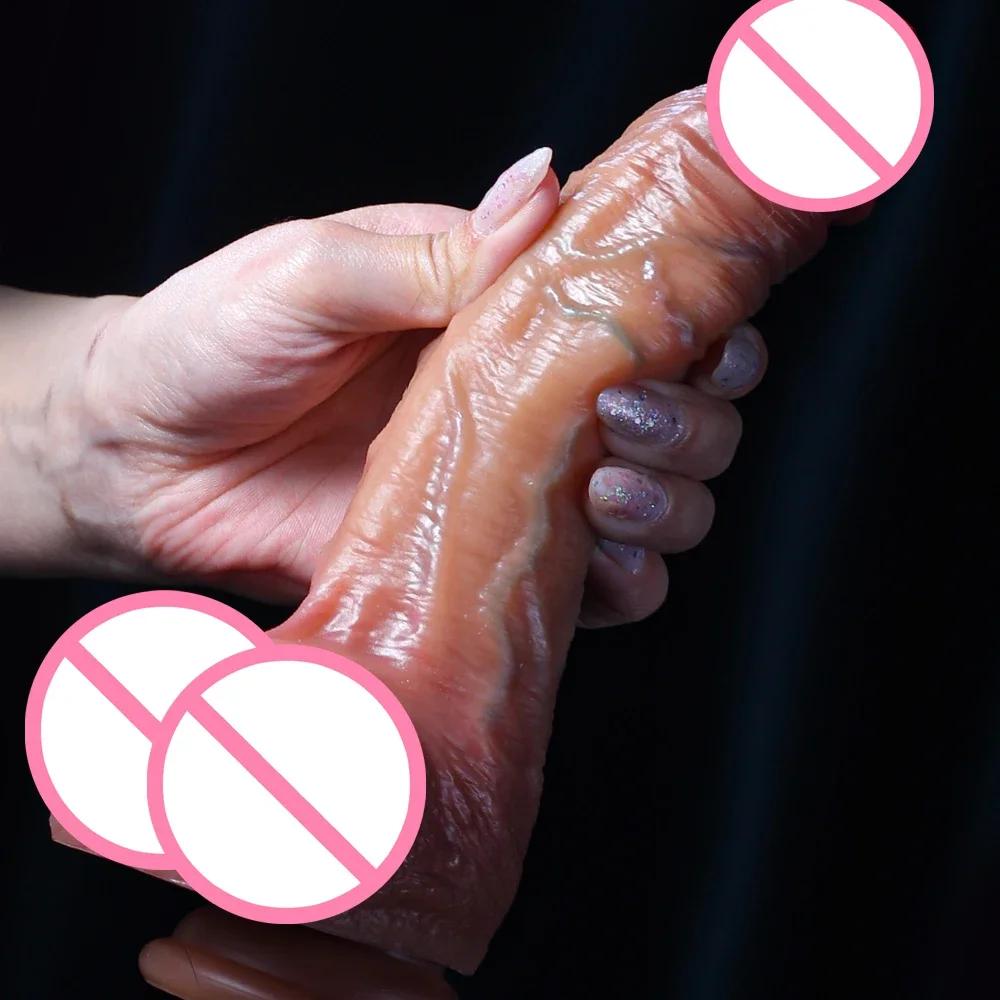 Sliding Foreskin Dildo Suction Cup Strap On Dildos for Women and Man Realistic Silicone Penis Female Masturbator Dick Sex Toys