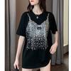 New Summer Fashion Trend Loose Fitting Casual Personality Hot Diamond Round Neck Mid Length Oversize Short Sleeved T-shirt