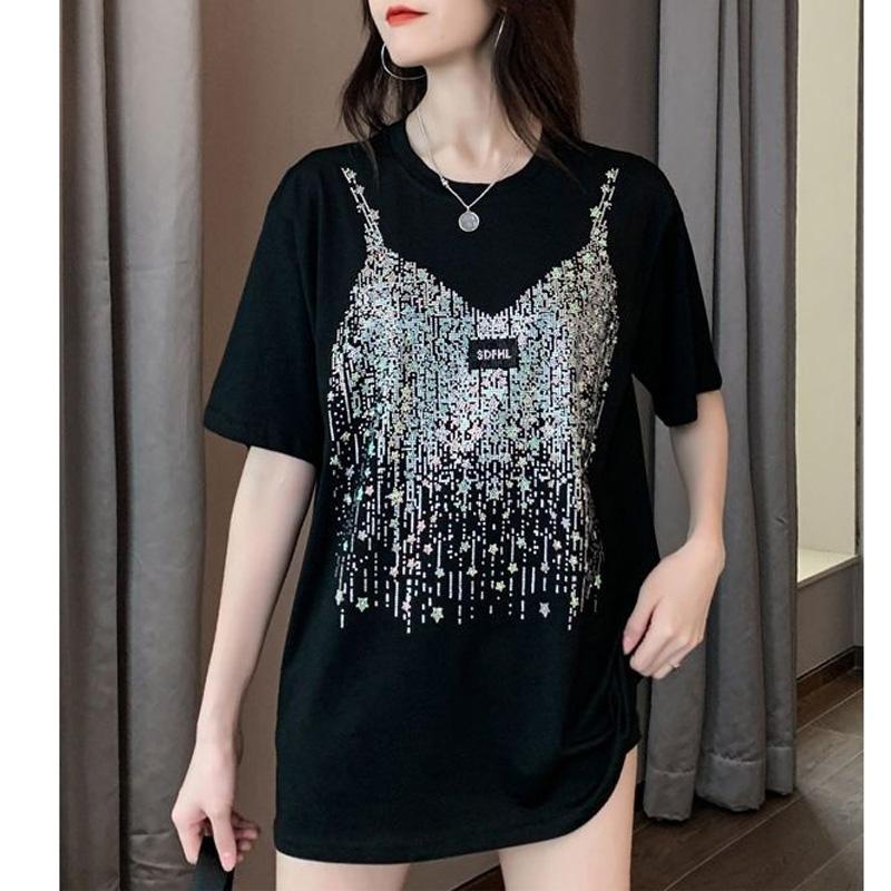 New Summer Fashion Trend Loose Fitting Casual Personality Hot Diamond Round Neck Mid Length Oversize Short Sleeved T-shirt