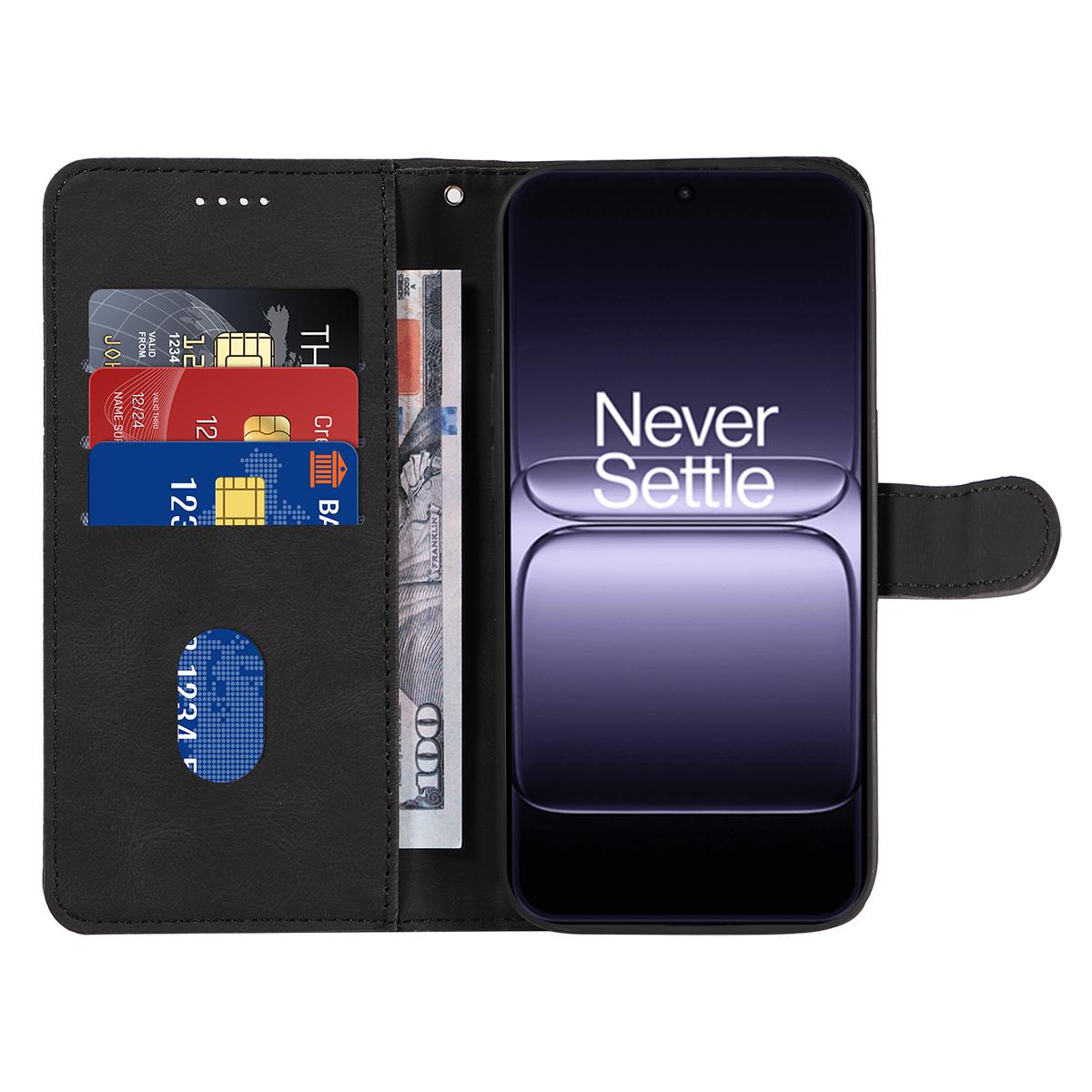 

For OnePlus 13T 5G Wallet Case Leather Phone Cover Stand with Curved Line Design Black