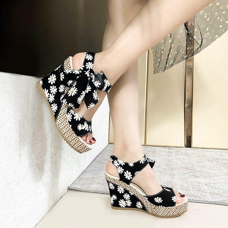 Sandals for Women Strappy Print Wedges Heel Bow Woman Shoes 2025 Luxury High Quality Anti Slip Hot Trending Comfort Vintage Pvc