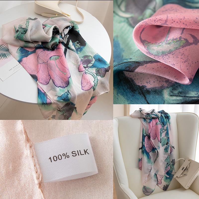 Mulberry silk silk scarf, long ink wash peach blossom printing shawl, long silk scarf, high-end silk medium and long scarf, summer 176*110