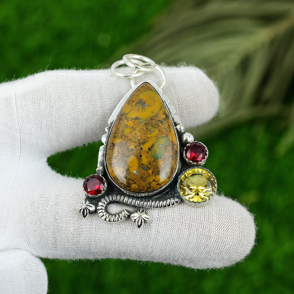 Womens Day Sale 925 Silver Natural Bamboo Jasper Citrine Bezel Birthday Pendant