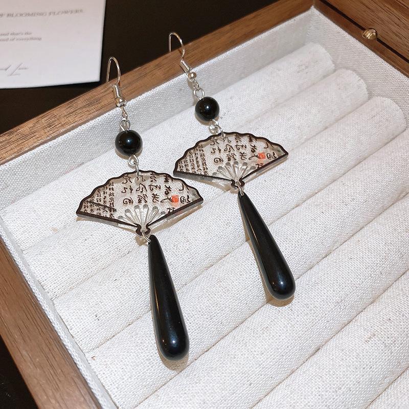 New Chinese Clear Ink Folding Fan Ear Hook Guochao Personality Retro Temperament Water Drop Earrings Niche Versatile Earrings Women