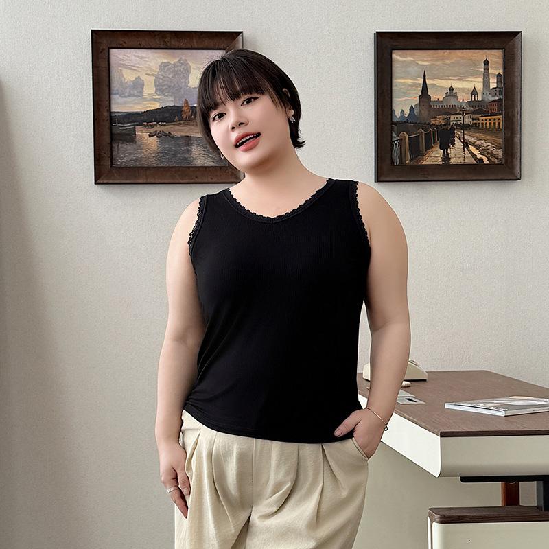 

#Wide Shoulder Vest Women s Threaded Slim Fit Crew Neck Large Size Elastic Vest Solid Color Lace Inner and Outer Sling plus size: recommended 60-80kg