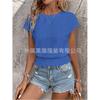 2026 Spring/Summer Jacquard Solid Color Round Neck Ruched Hollow Batwing Short Sleeve Women's T-Shirt for Commuting