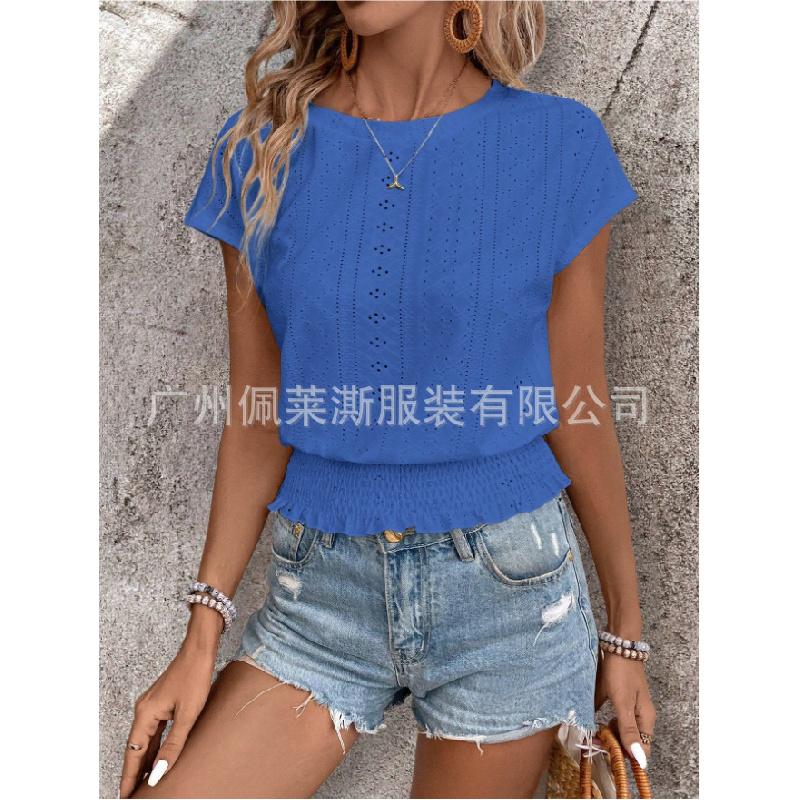 2026 Spring/Summer Jacquard Solid Color Round Neck Ruched Hollow Batwing Short Sleeve Women's T-Shirt for Commuting