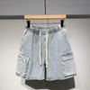 Men's Japanese Workwear Elastic Waist Denim Shorts - Casual, Loose, Mid-length (Summer 2024)
