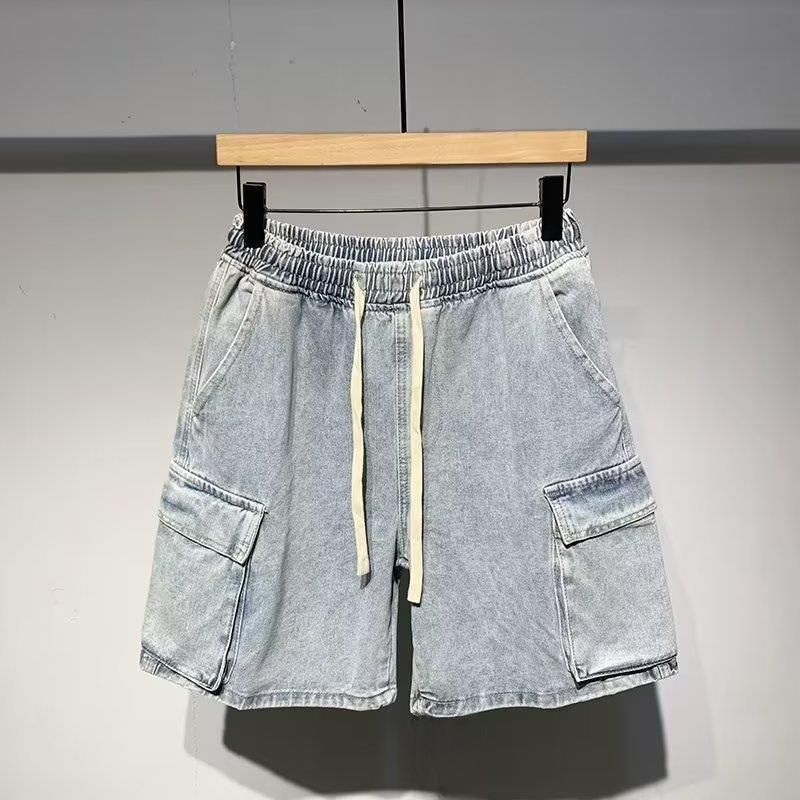 Men's Japanese Workwear Elastic Waist Denim Shorts - Casual, Loose, Mid-length (Summer 2024)
