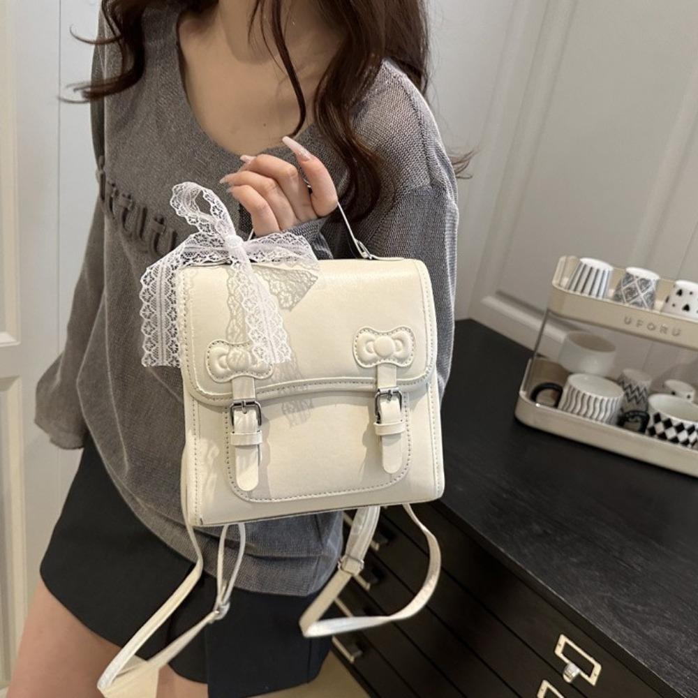 

Square Bow Backpack Solid Color Student School Bag Simple PU Backpack Gift срібний